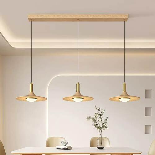 中古风餐厅吊灯复古飞碟办公茶室吧台灯原木色三头新款饭桌灯具