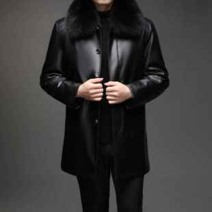 狐狸领皮毛一体内胆绵羊外 真皮衣长男中款 中老年皮3089 BB冬皮装