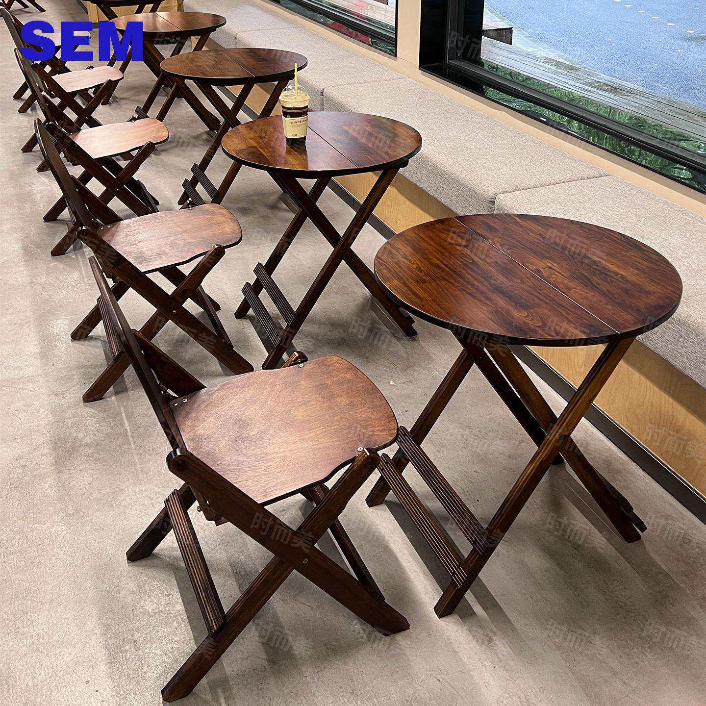 复古风咖啡厅做旧实木桌椅组合网红奶茶甜品烘焙店折叠椅子商用
