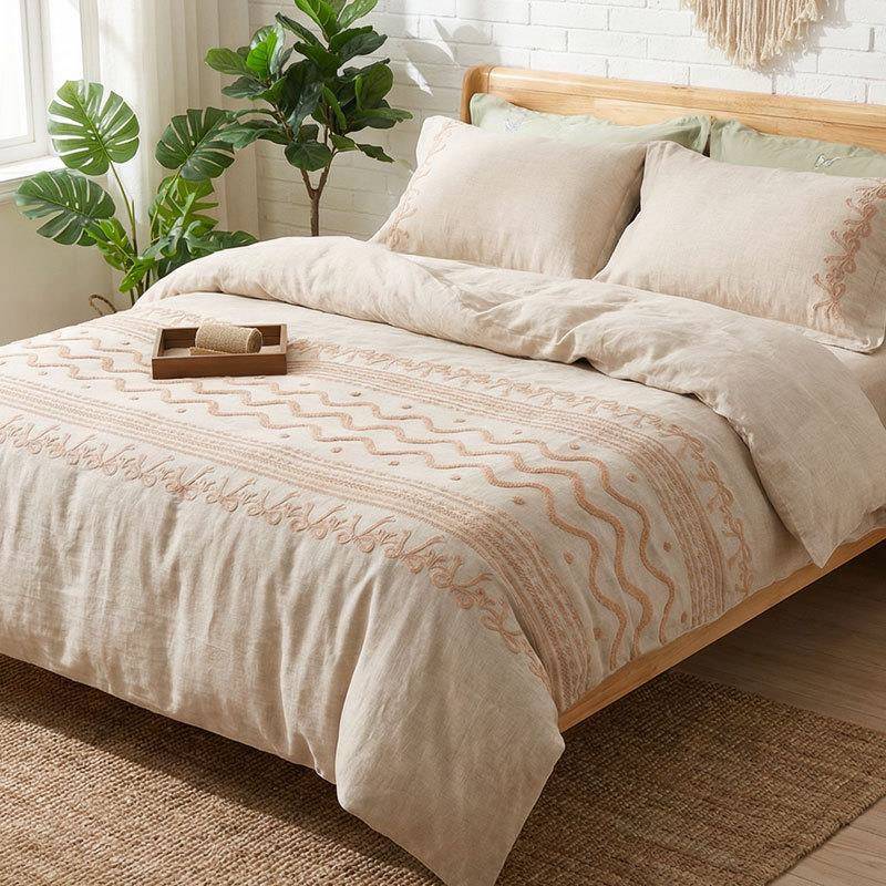轻奢亚麻四件套毛巾绣蝴蝶图案法国雨露麻中国风重工刺绣床品套件
