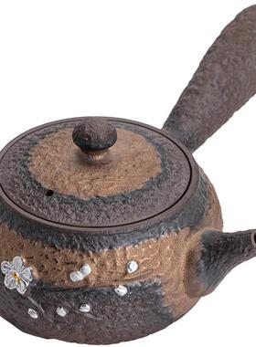 古早烧老岩泥鎏银粗陶侧把壶陶瓷过滤泡茶壶手工家用单壶功夫茶具