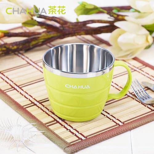 茶花不锈钢碗儿童吃饭耐摔饭碗宝宝辅食防烫汤碗大号塑钢碗带把手