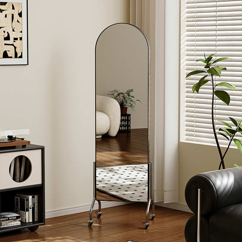 可移动镜子全身镜中古风收纳杂志架落地书报展示置物架旋转穿衣镜