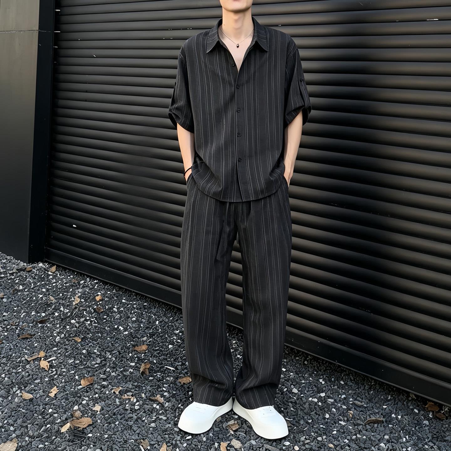 韩系宽松条纹衬衫男款短袖夏季套装潮牌高级感痞帅袖衬衣两0711e图片