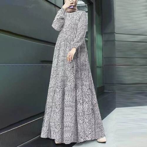 Polka dot long sleeved pullover waist long dress