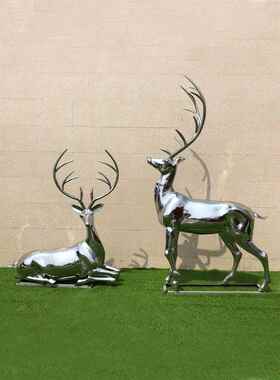 现货不锈钢镜面鹿雕塑定制几何切面镂空花片抽象编织鹿景观摆件