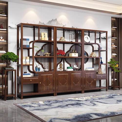 新中式客厅博古架靠墙落地式玄关置物架条案边几植物架实木梅花