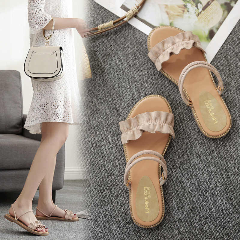 两穿露趾凉鞋女夏季2022新款韩版百搭黑色学生沙滩鞋度假平底凉鞋,女鞋,时装凉鞋,淘宝优惠券,粉丝福利购,淘宝优惠卷