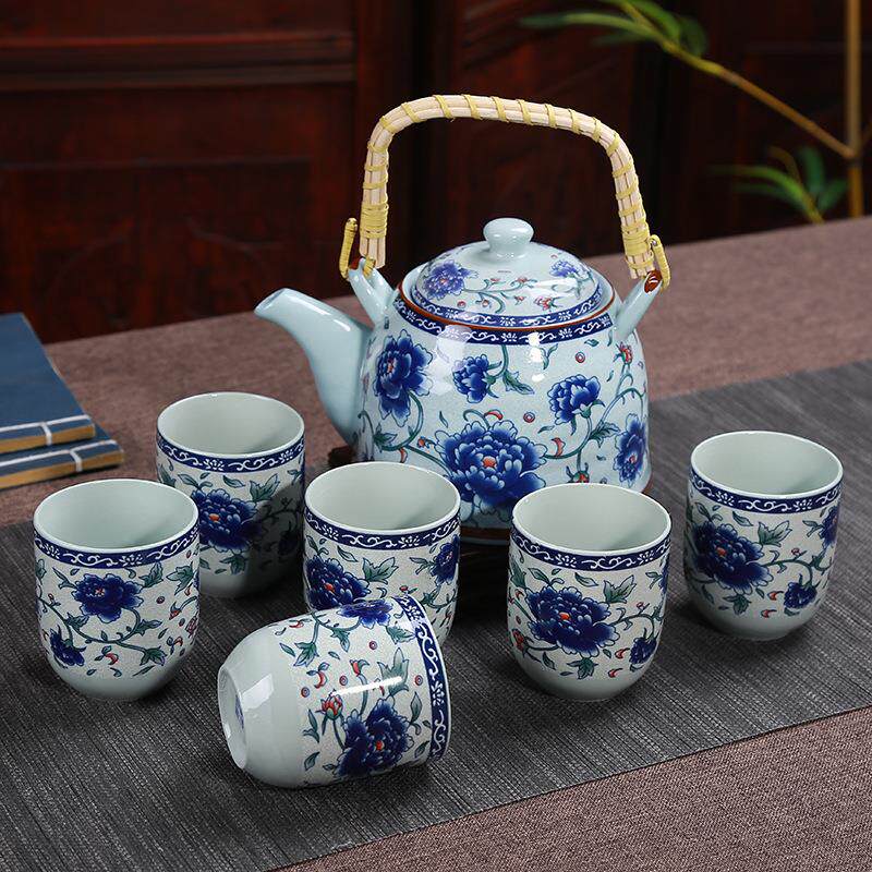 茶具套装大茶壶青花瓷7头提梁壶牡丹陶瓷中式复古家用茶杯