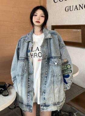 复古重工牛仔外套女秋新款宽松bf风中长版显瘦工装夹克上衣