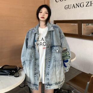 复古重工牛仔外套女秋新款宽松bf风中长版显瘦工装夹克上衣