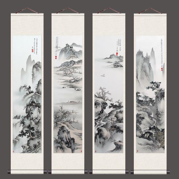 传统国画丝绸挂画闫焕然 山水四条屏卷轴字画书房装饰画展会礼品