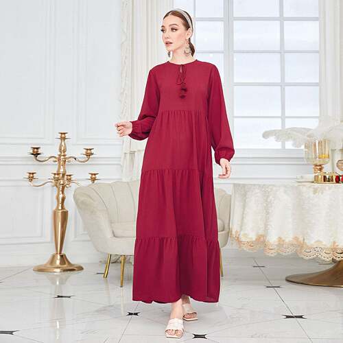 Elegant Women ' s Long Robe Dress , Round Neck Drawstring