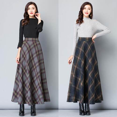 Women Waist Blend Plaid Line Maxi Skirt Pocket Bottoms