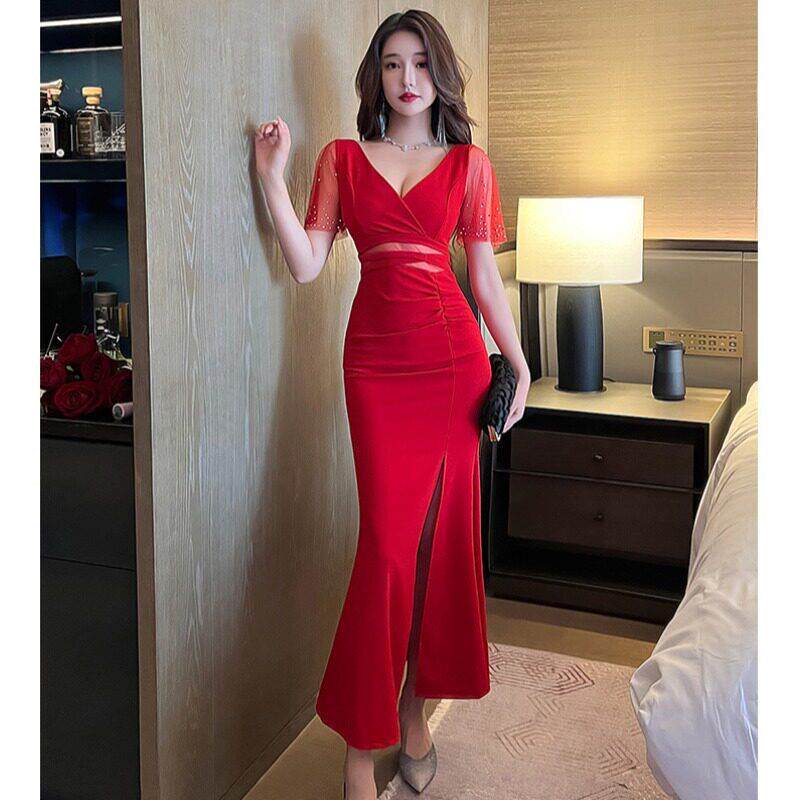 夜场小姐晚礼服性感领桑拿技师工作服洗浴连衣裙显瘦开叉长裙