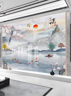 新中式山水碳晶板电视背景墙集成墙板客厅沙发护墙板装修纤维扣板