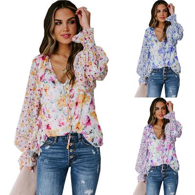 New Women's Floral Blouse Shirt V Neck Tie Waist Bell Sleeve