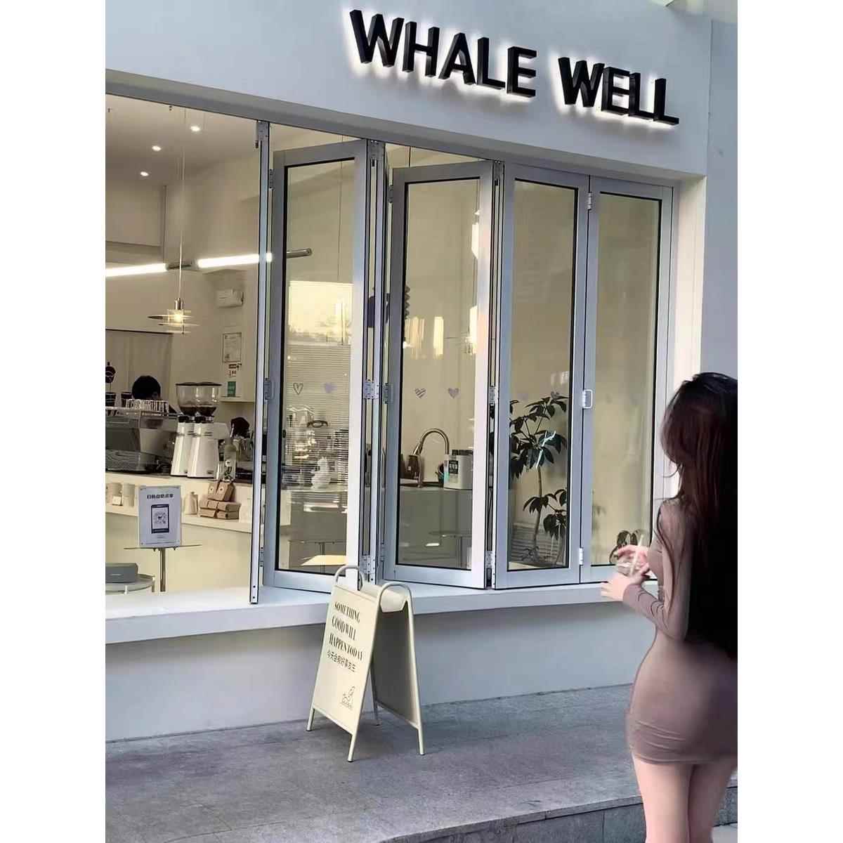 需定制折叠推拉窗厨房奶茶咖啡店开放式吧台无下轨全开窄框铝合金