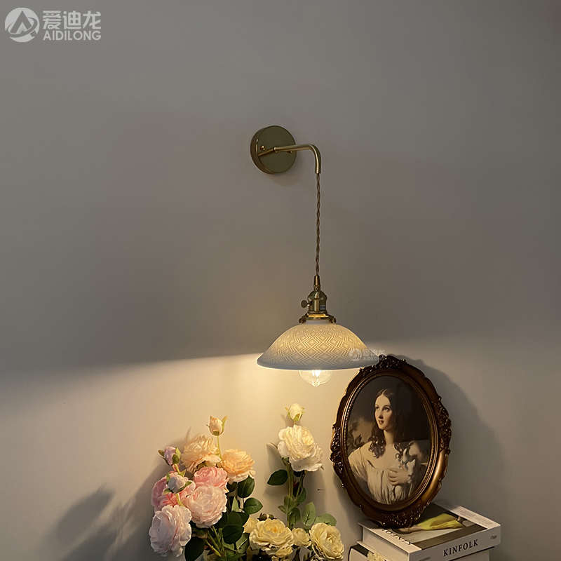 白色禅意壁灯复古民波纹花纹纯铜简约吊线床头日式壁灯卧室宿陶瓷