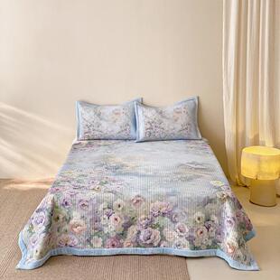 定位数码 印花一面棉一面绒双面可用绗缝夹棉床盖 古典花卉大版 中式