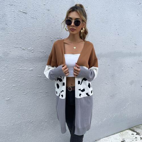 Women's long spliced cardigan knitted sweater jacket for