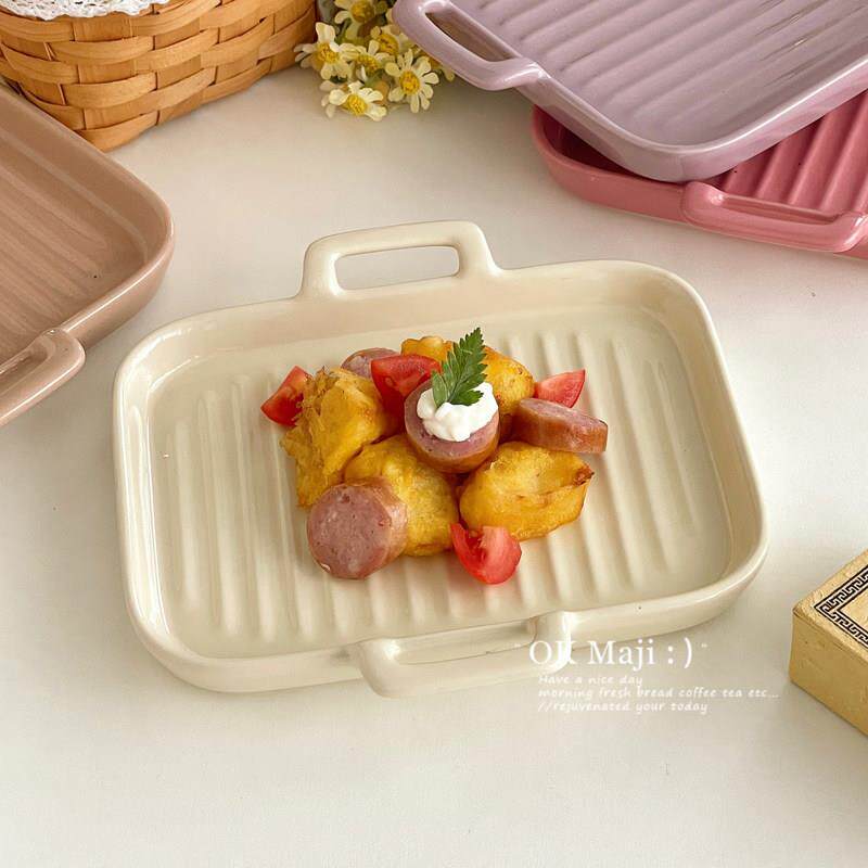 奶油风带手柄盘子菜盘家用餐盘陶瓷双耳烤盘长方形托盘焗饭牛排盘