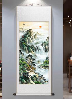 国画旭日东升山水画新中式客厅装饰画办公室字画竖版玄关卷轴挂画