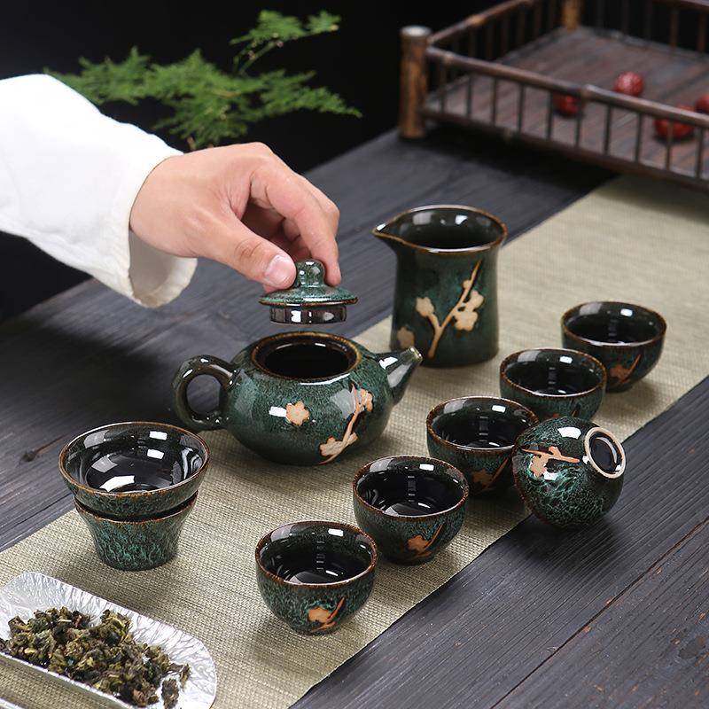 钧窑窑变梅花复古功夫茶具套装十头整套陶瓷商务开业随手礼品