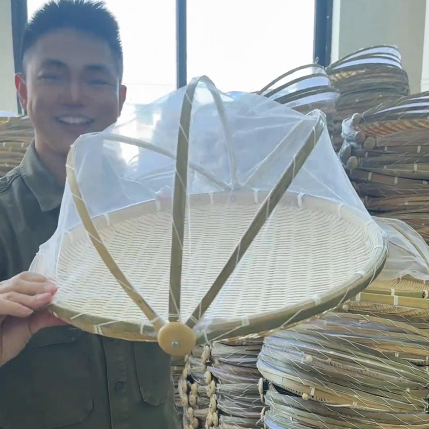 竹编簸箕农村老式竹篮子圆形带纱网防虫馒头筐防蝇晾晒竹筐网罩子