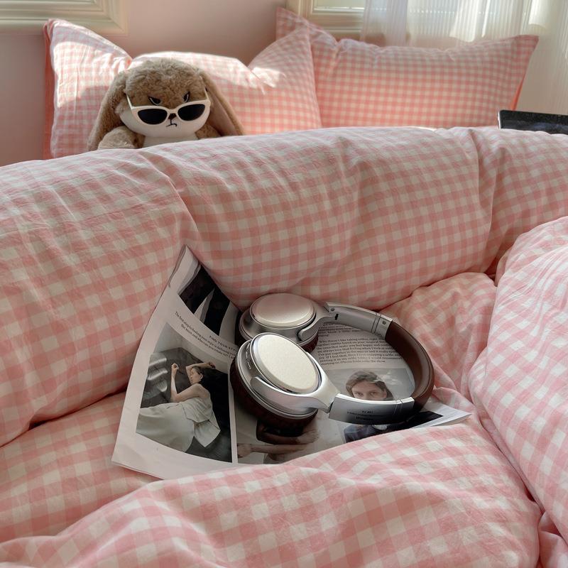 夏季棉水洗棉被套单150纯x200单人全棉EX202406床单件格子被罩色