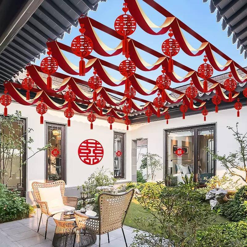 场农村结院婚子装饰拉花波浪旗彩婚庆景布置彩旗婚礼带户044外庭