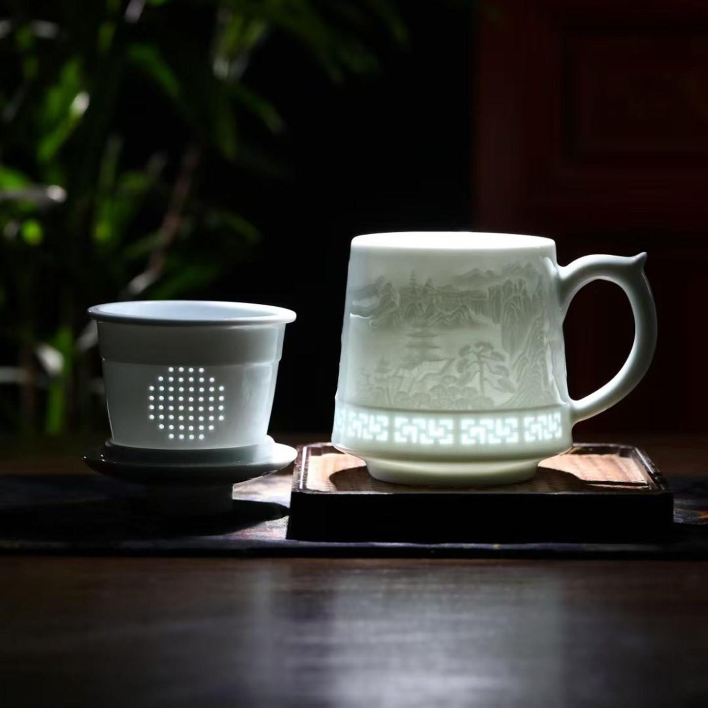 陶瓷茶漏杯雕刻生肖杯影青茶杯玲珑瓷茶水分离杯景德镇带盖办公杯