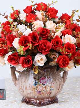 J^h欧式玫瑰花客厅装饰假花摆设摆件塑料花束餐桌盆栽摆花绢