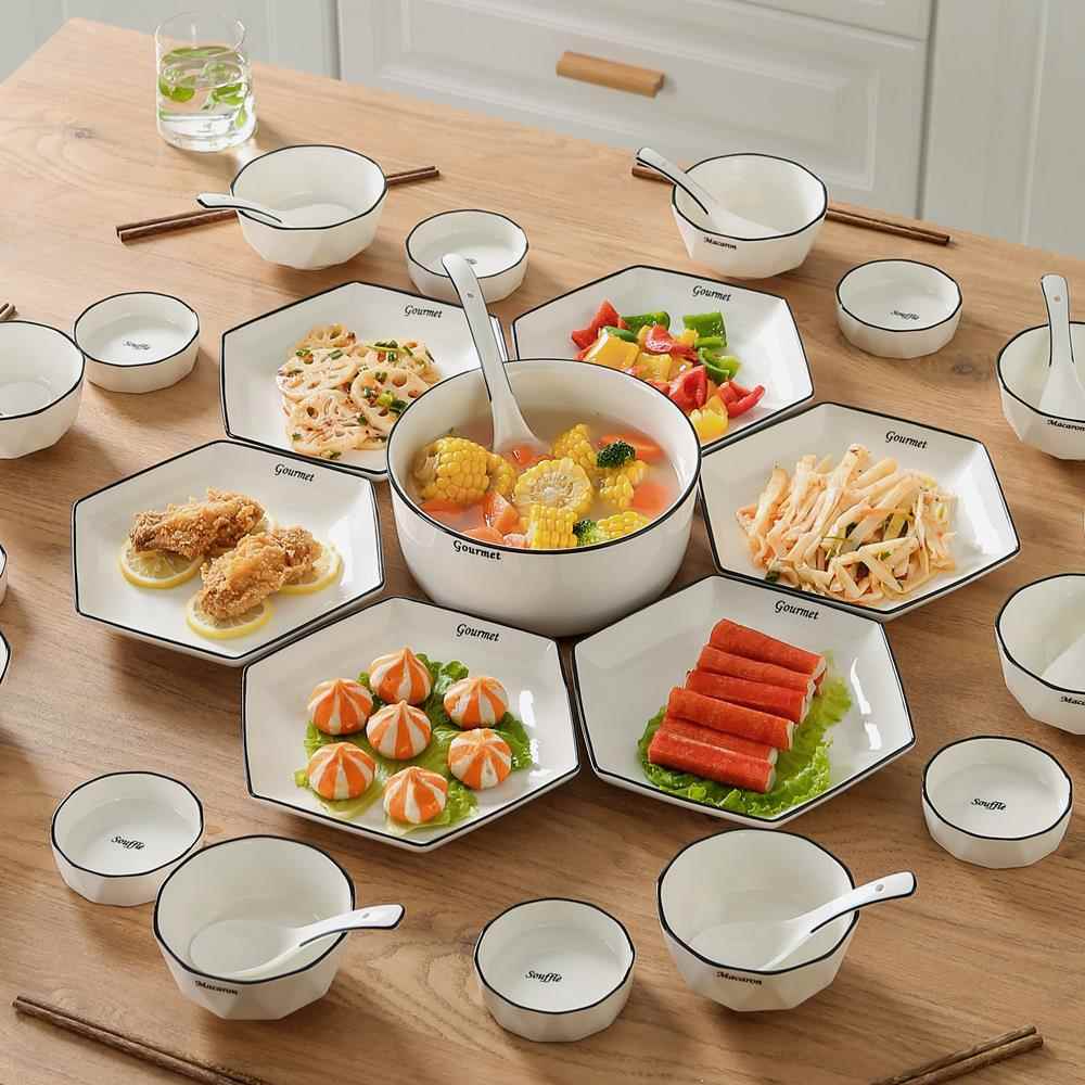 陶瓷六角拼盘餐具组合套装家用盘子盘子火锅过年家庭团圆轻奢碗碟