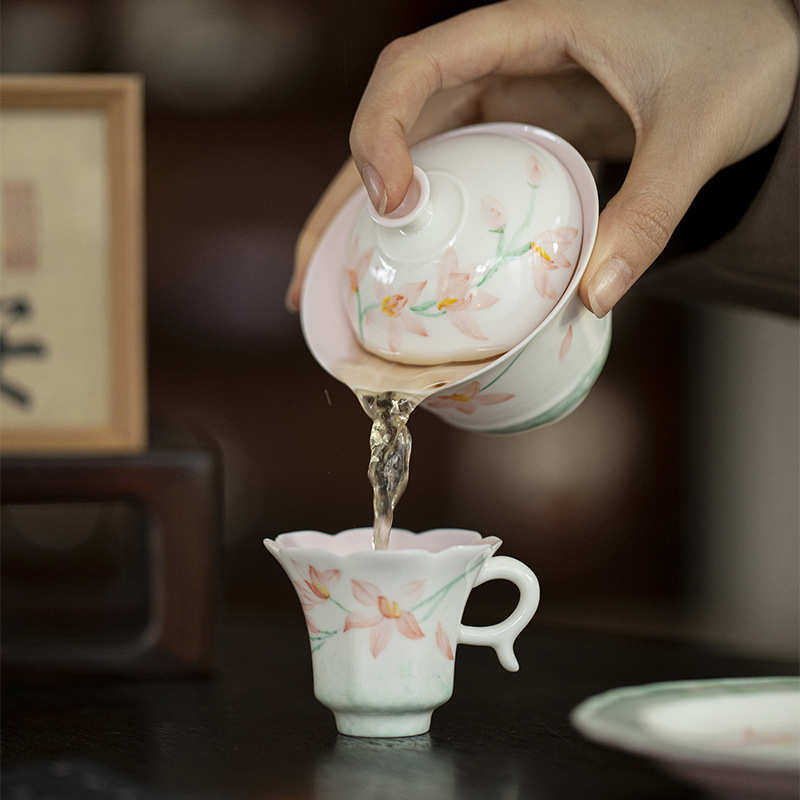 墨己玉泥白瓷手绘春映桃盈盖碗家用粉彩陶瓷家用功夫茶具泡茶碗