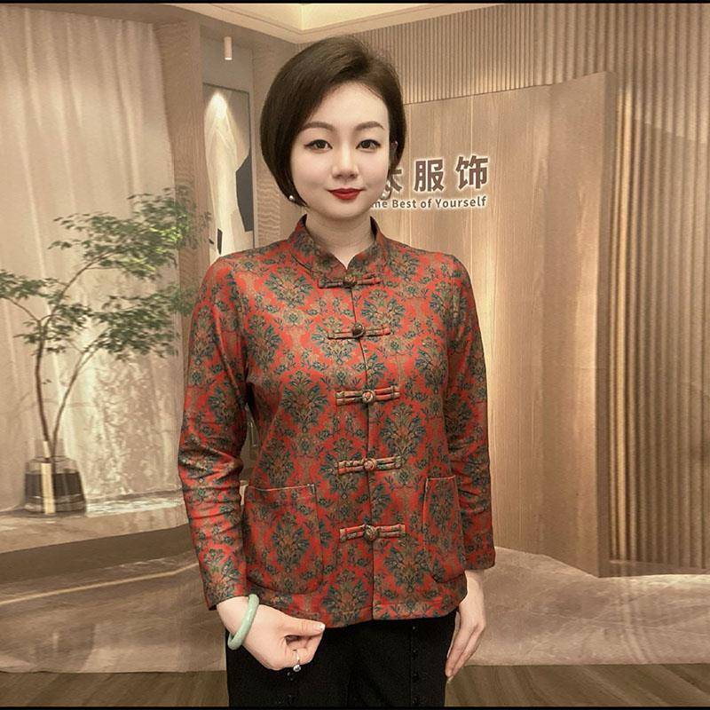 极速新中式妈妈唐装上衣秋冬新款加绒加厚复古民族风弹力显瘦开衫