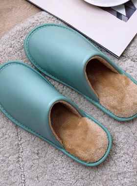 高端男士拖鞋秋冬棉家用情侣室内厚底居家居PU皮毛拖1108b