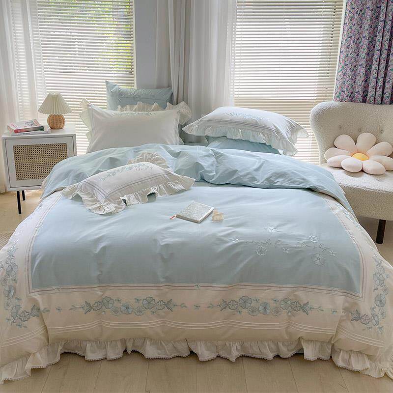 正品清新四小季款长绒棉床单四件上套田园色花卉刺绣绿纯棉被套床