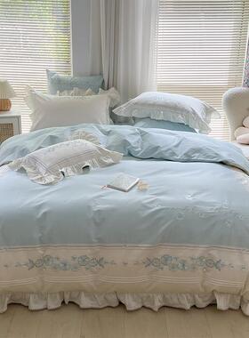 高档小清新00支长四绒田棉床单件套园绿色花1卉刺绣纯棉被套床上