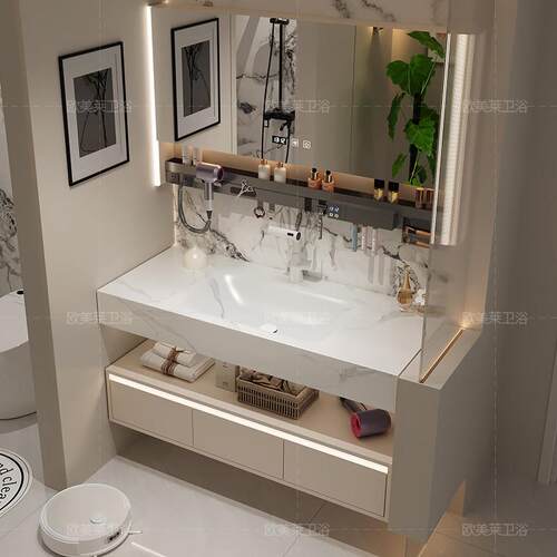 轻奢奶油风岩板热弯一体盆浴室柜组合化妆室洗漱台洗脸洗手盆实木