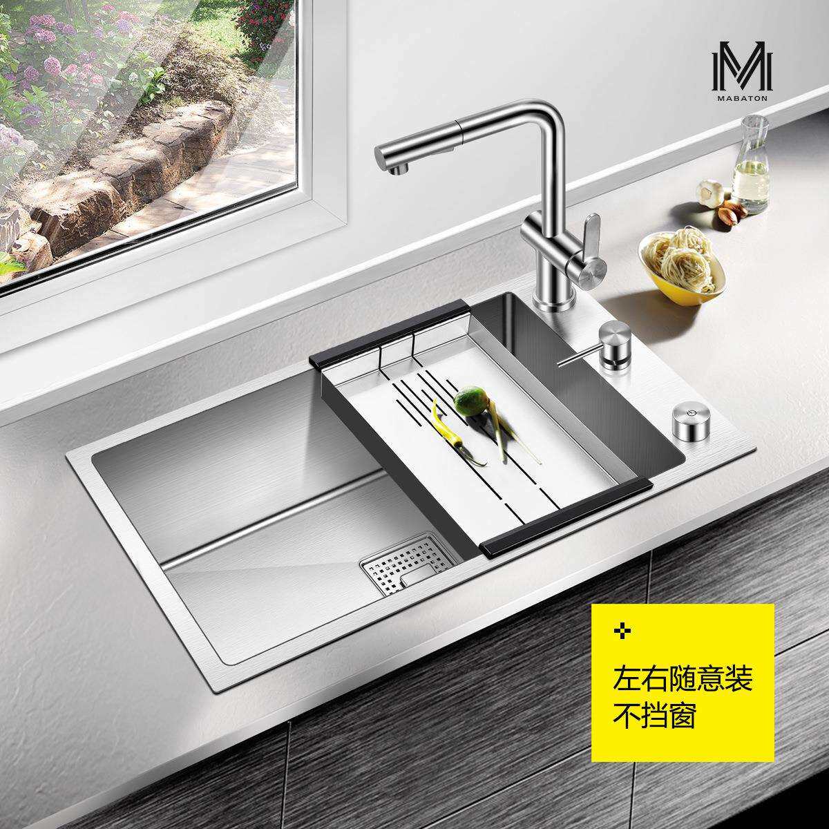 曼巴顿4MM加厚304不锈钢手工水槽单槽洗碗水池左右安装龙头不档窗