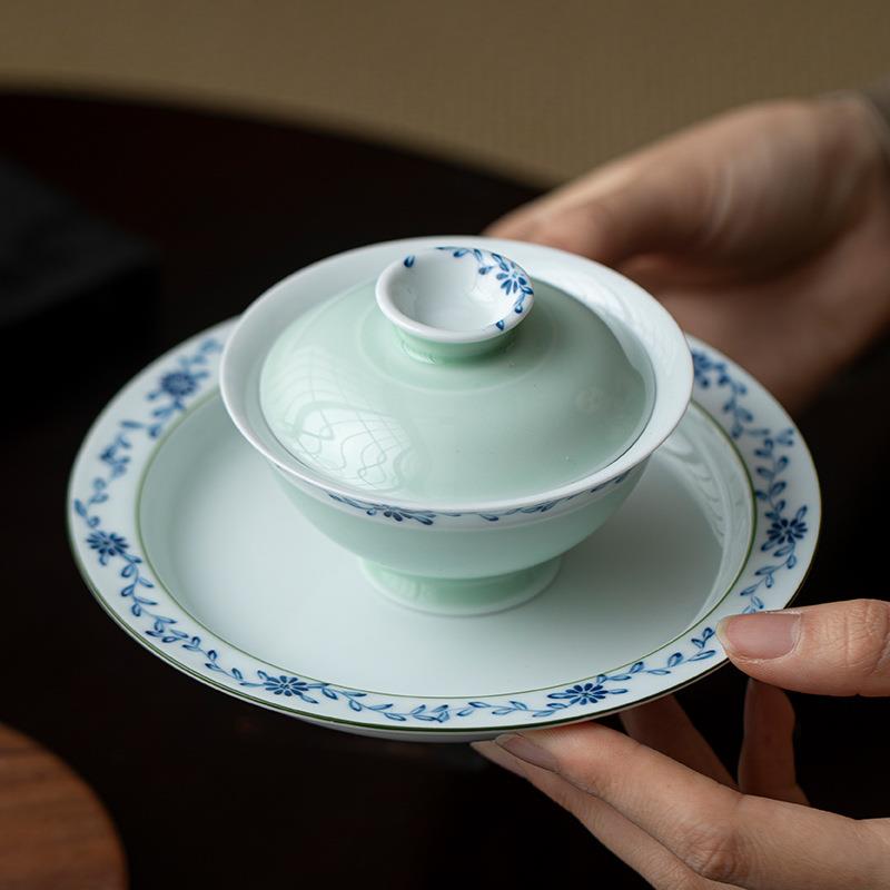 弥言纯手绘青花菊纹壶承家用干泡台圆形小茶台日式茶点盘茶道配件