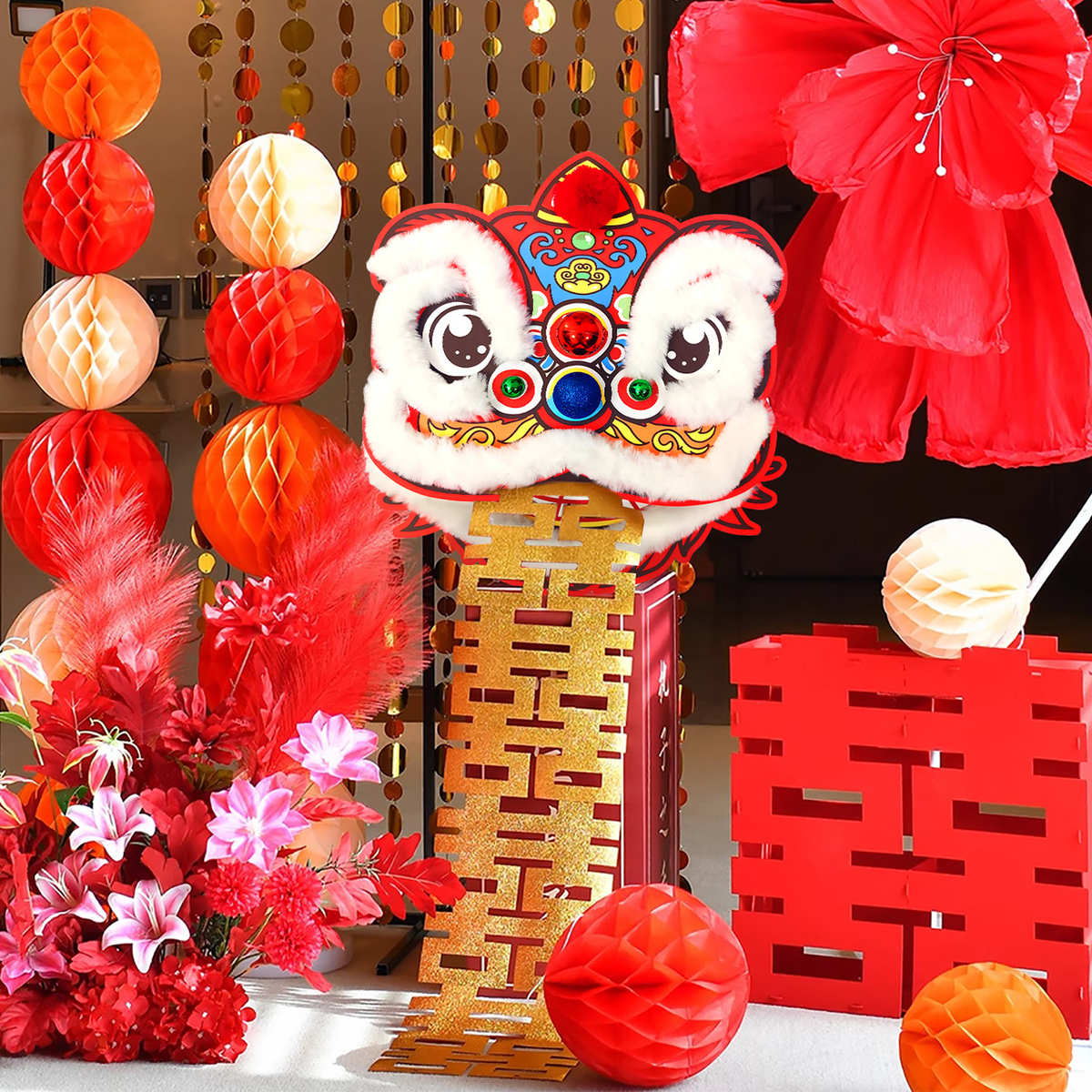 醒狮创意摆件婚礼喜庆单狮子头2025新款传统订婚晨袍装饰拍照道具