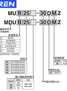 MUB MDUB气缸25 32 40 50 63-10-25-50-100-150DMZ平板椭圆MDUBW