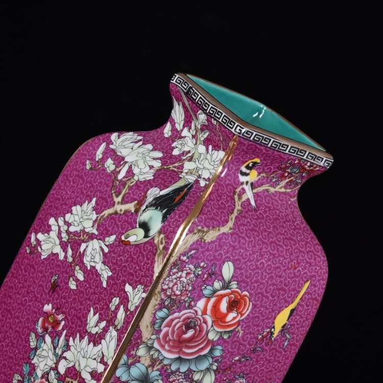 景德镇珐琅彩描金粉彩花鸟仿古四方瓶中式陶瓷花瓶家居摆件收藏品