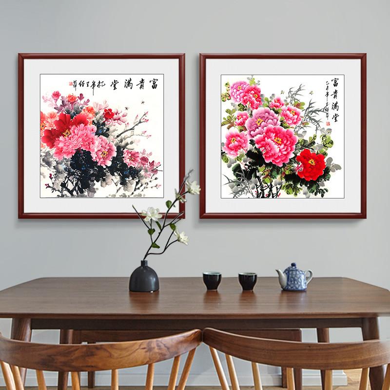 饭厅挂画两联新中式花开富贵饭厅餐桌装饰画牡丹画正方形2026新款