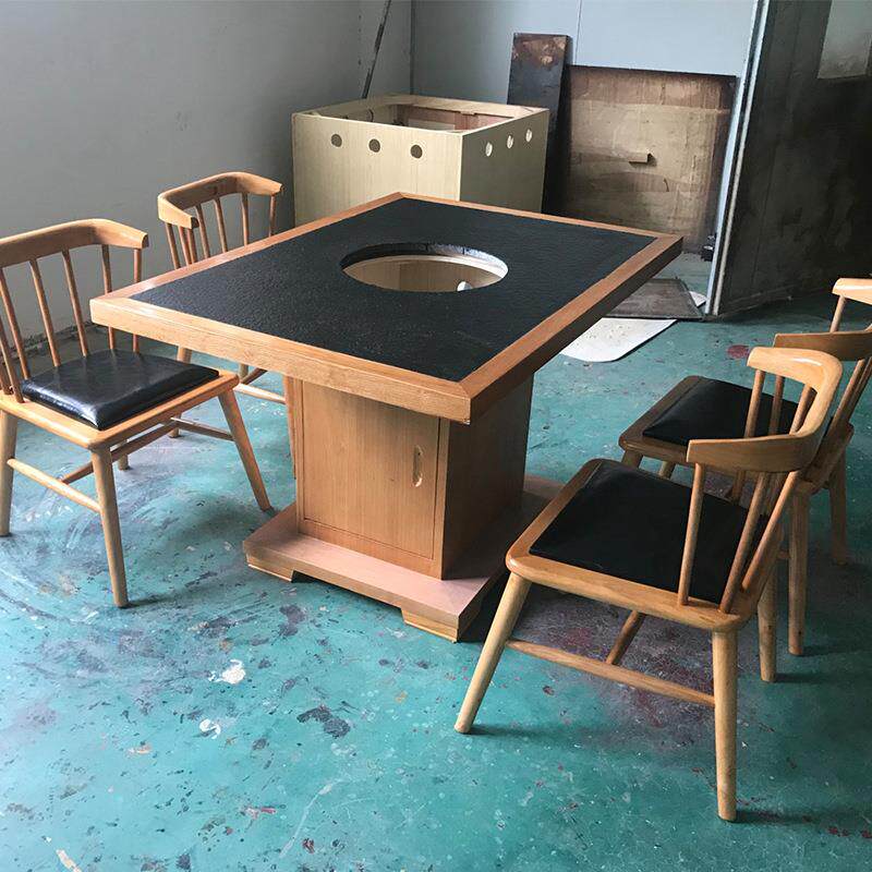新款直销无烟火锅桌电磁炉一体商用桌子实木大理石烧烤串串餐馆桌