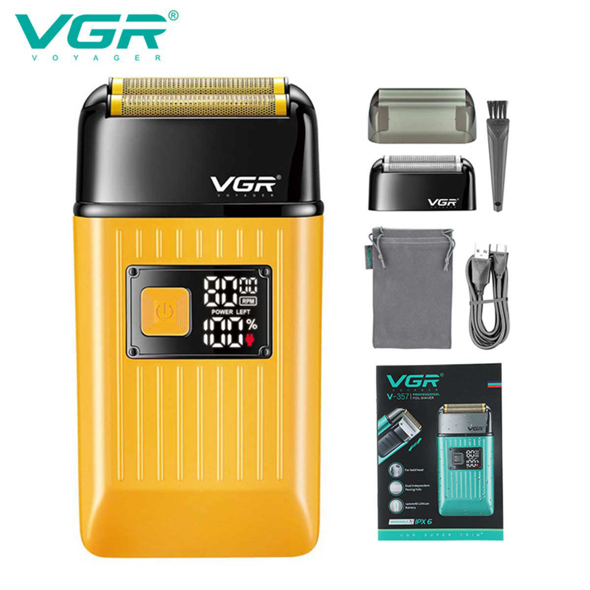 VGR357跨境剃须套装鬓角修理刀光头推剪IPX6水洗数显往复式刮胡刀