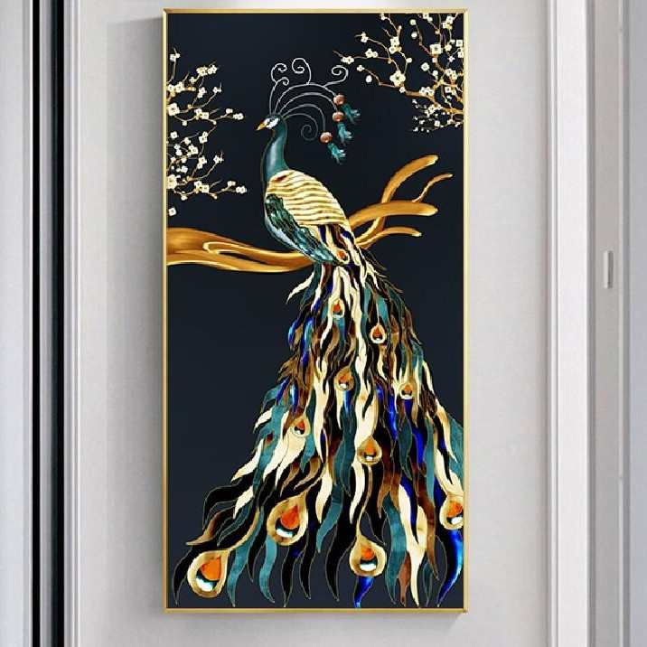 现代轻奢风孔雀玄关装饰画走廊过道挂画正对门楼梯口高级感晶瓷画图片