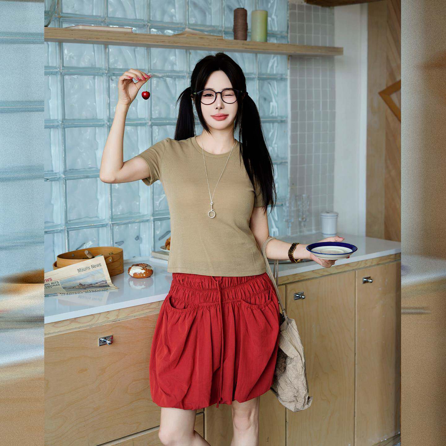 呼呼huhoo 天丝棉简约风圆领短袖T恤女修身显瘦基础款上衣
